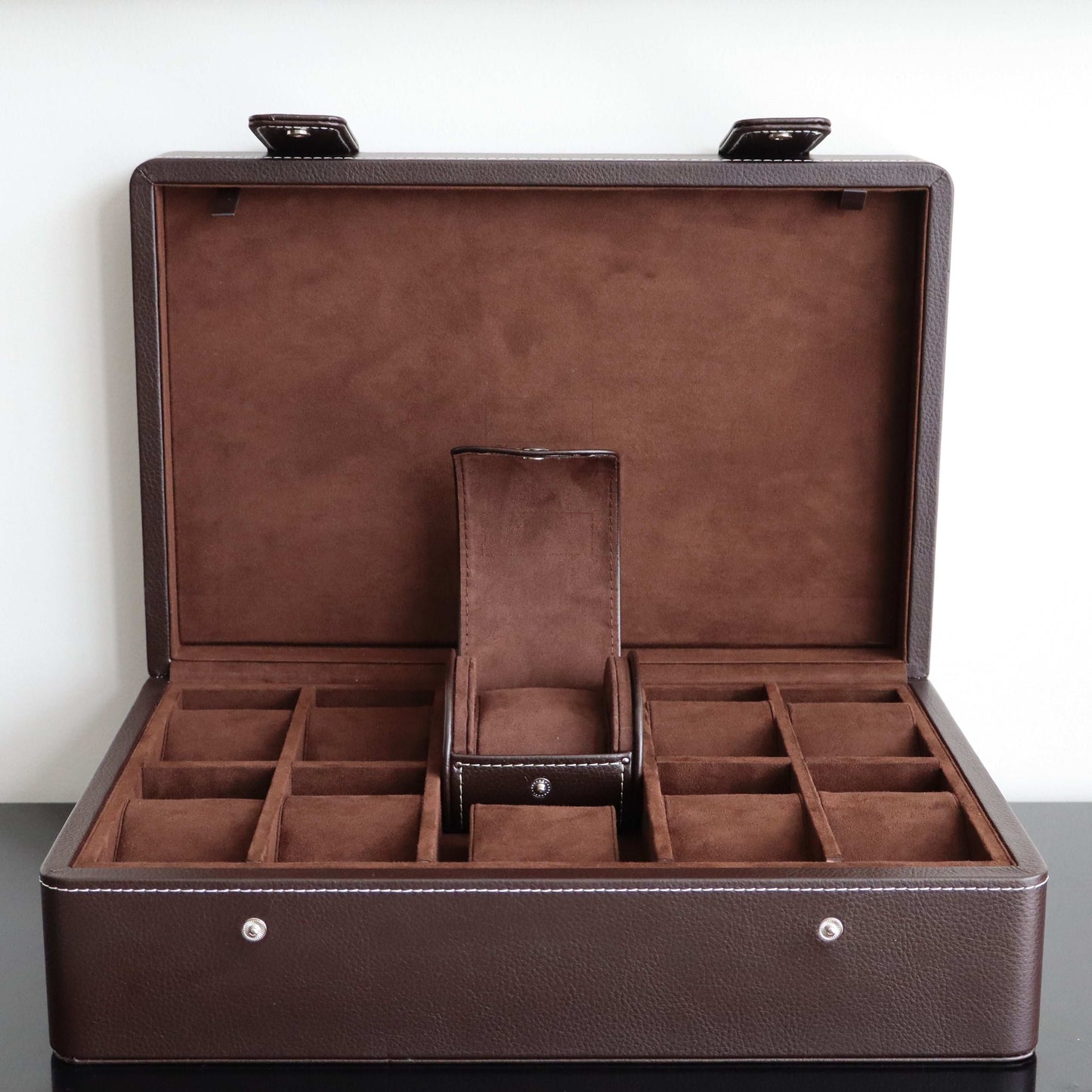 Horlogedoos Donkerbruin leder 10 Horloges Leanschi + gratis Watch Pouch