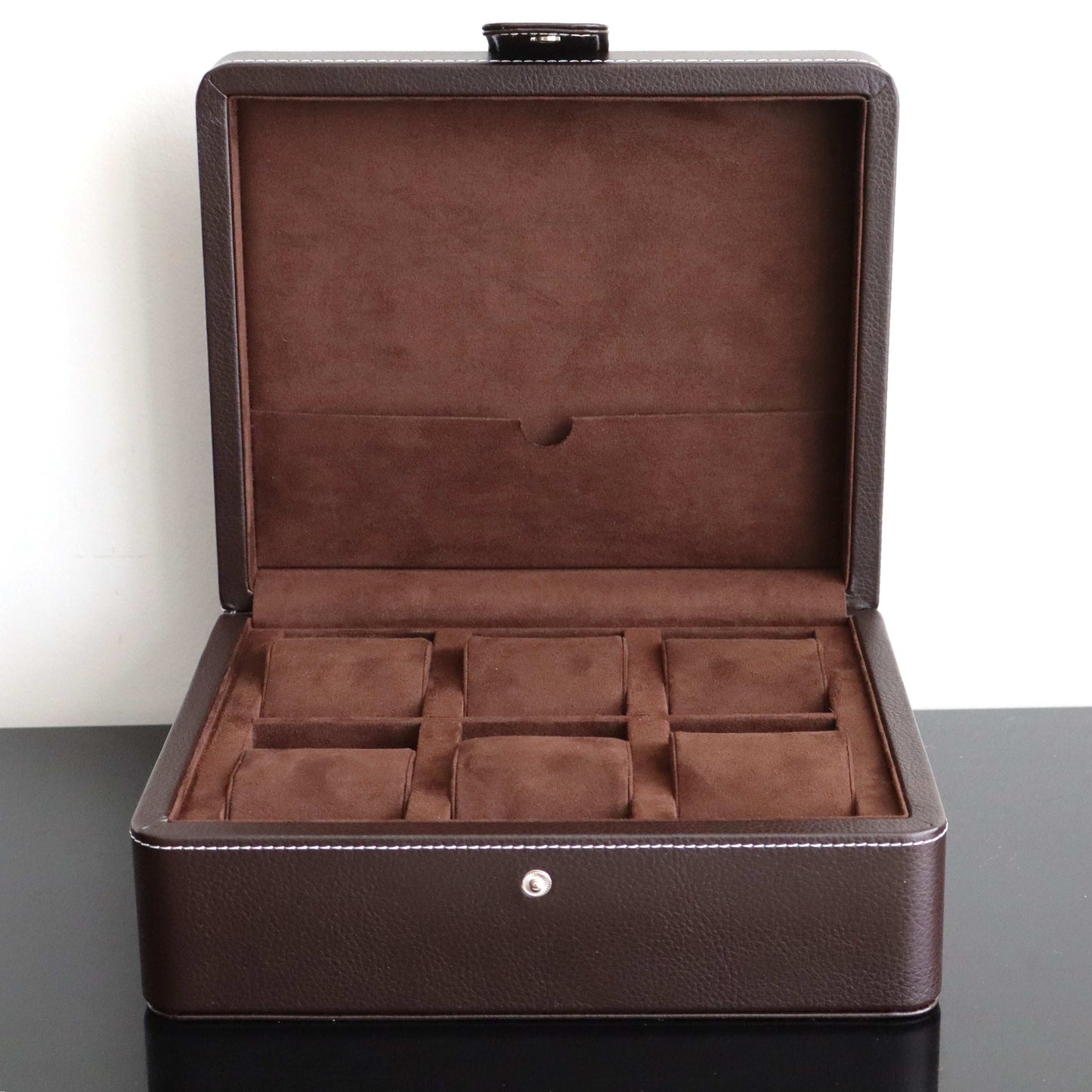 Horlogedoos Donkerbruin leder/velours 6 Horloges Leanschi