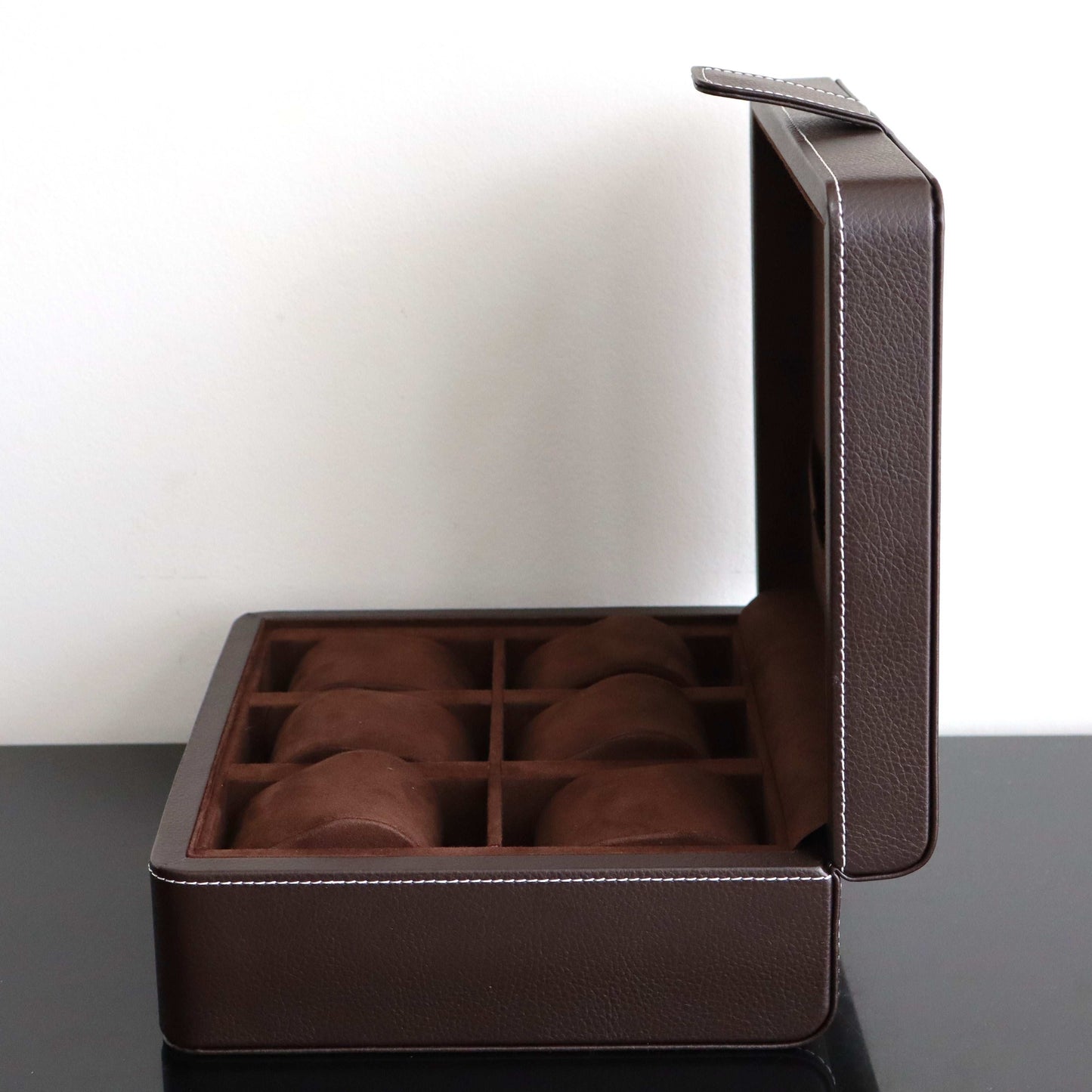 Horlogedoos Donkerbruin leder/velours 6 Horloges Leanschi