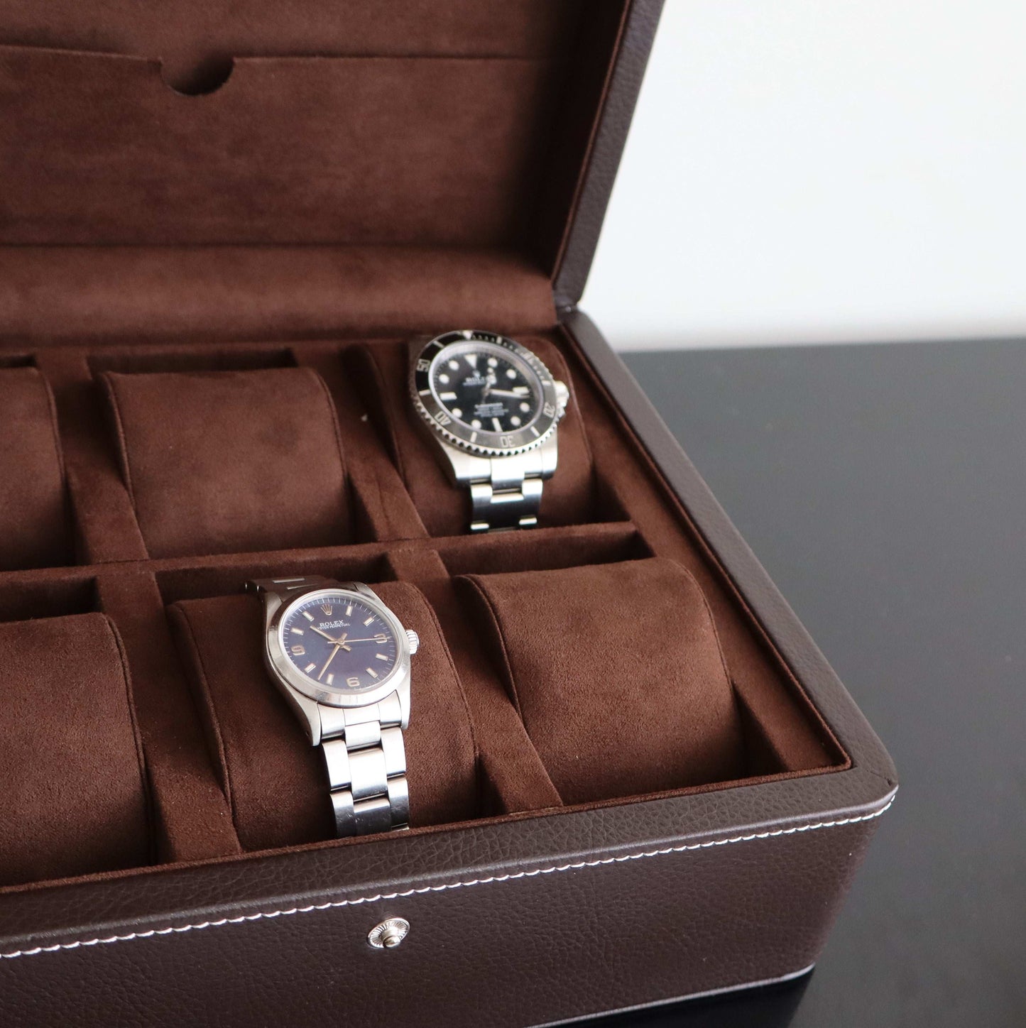 Horlogedoos Donkerbruin leder/velours 6 Horloges Leanschi