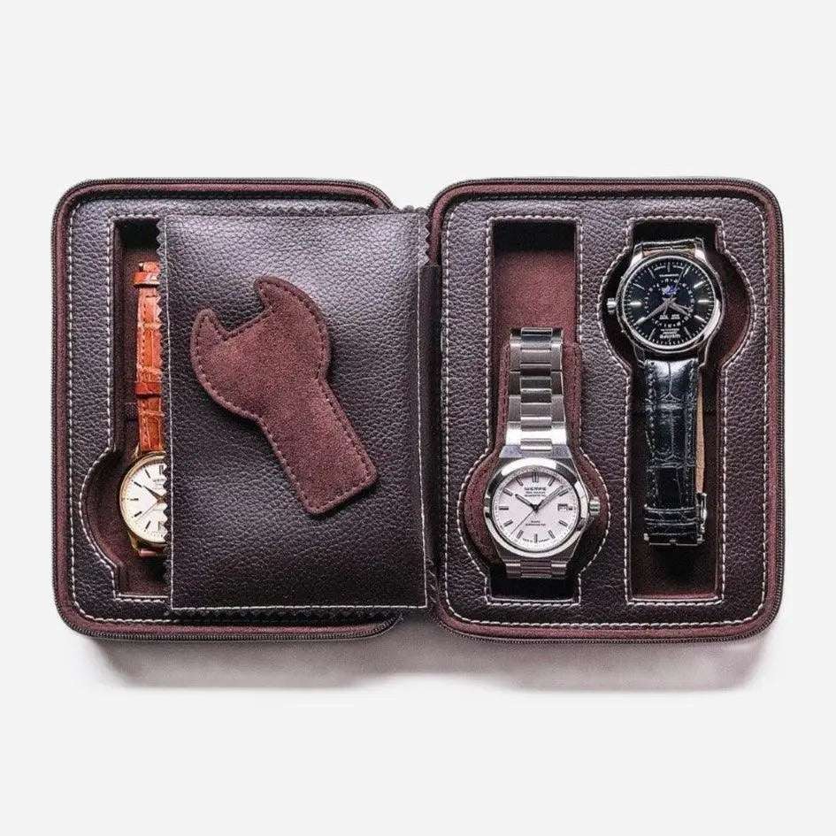 Horloge etui Donkerbruin leder 4 Horloges Leanschi - Horlogedoos - Horlogerieshop.nl