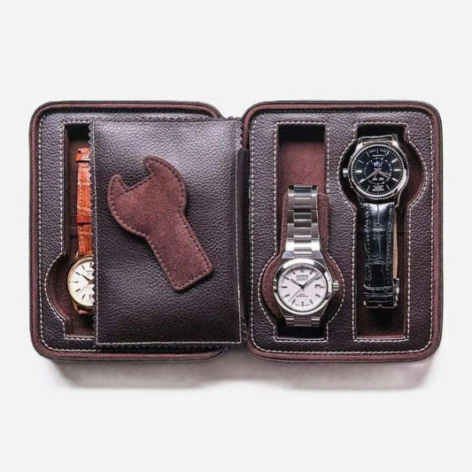 Horloge etui Donkerbruin leder 4 Horloges Leanschi - Horlogedoos - Horlogerieshop.nl