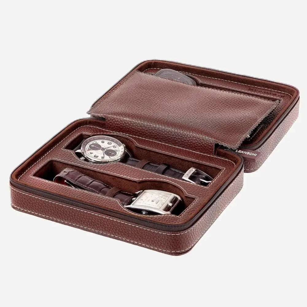 Horloge etui Donkerbruin leder 4 Horloges Leanschi - Horlogedoos - Horlogerieshop.nl