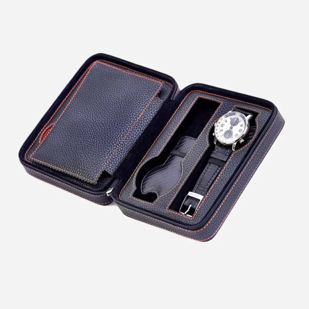Horloge etui Zwart leder 4 Horloges Leanschi - Horlogedoos - Horlogerieshop.nl