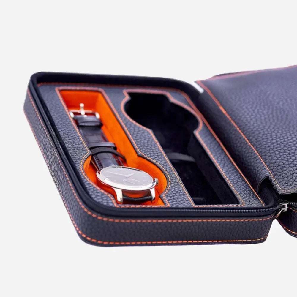 Horloge etui Zwart leder 4 Horloges Leanschi - Horlogedoos - Horlogerieshop.nl