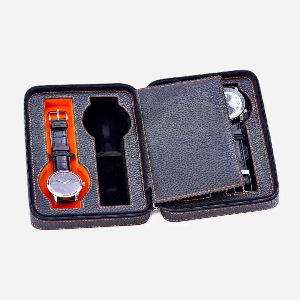 Horloge etui Zwart leder 4 Horloges Leanschi - Horlogedoos - Horlogerieshop.nl