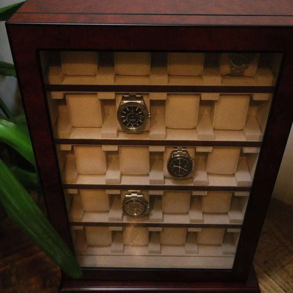 Horloge vitrine 20 Horloges donker notenhout - Horlogedoos - Horlogerieshop.nl