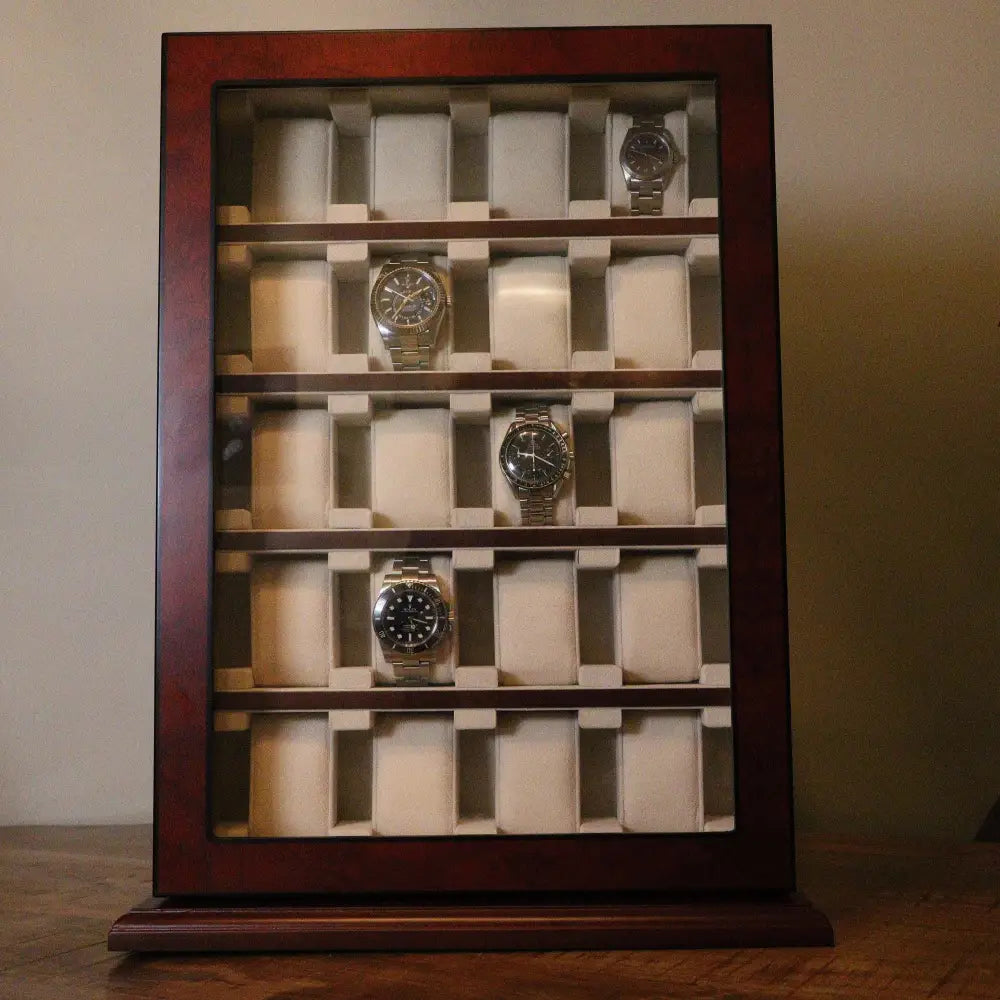Horloge vitrine 20 Horloges donker notenhout - Horlogedoos - Horlogerieshop.nl