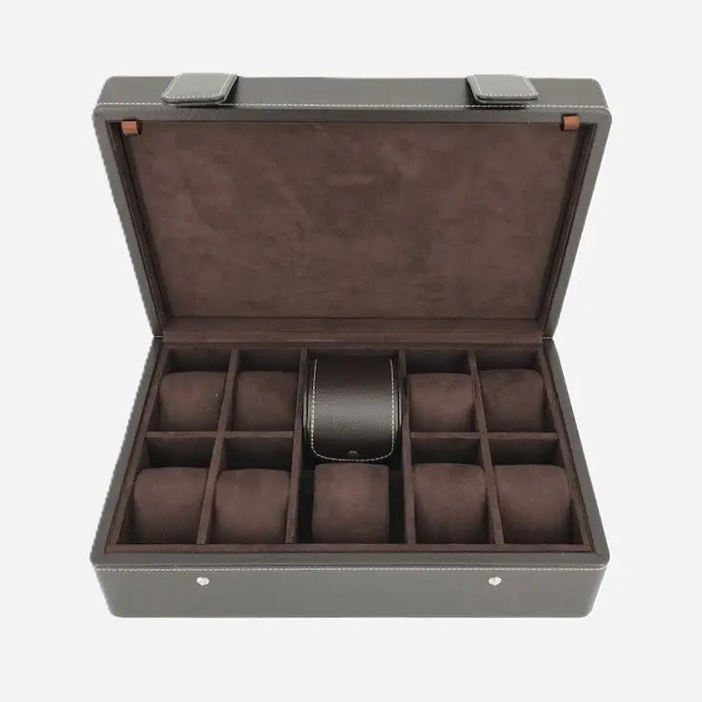 Horlogedoos Donkerbruin leder 10 Horloges Leanschi + gratis Watch Pouch - Horlogedoos - Horlogerieshop.nl