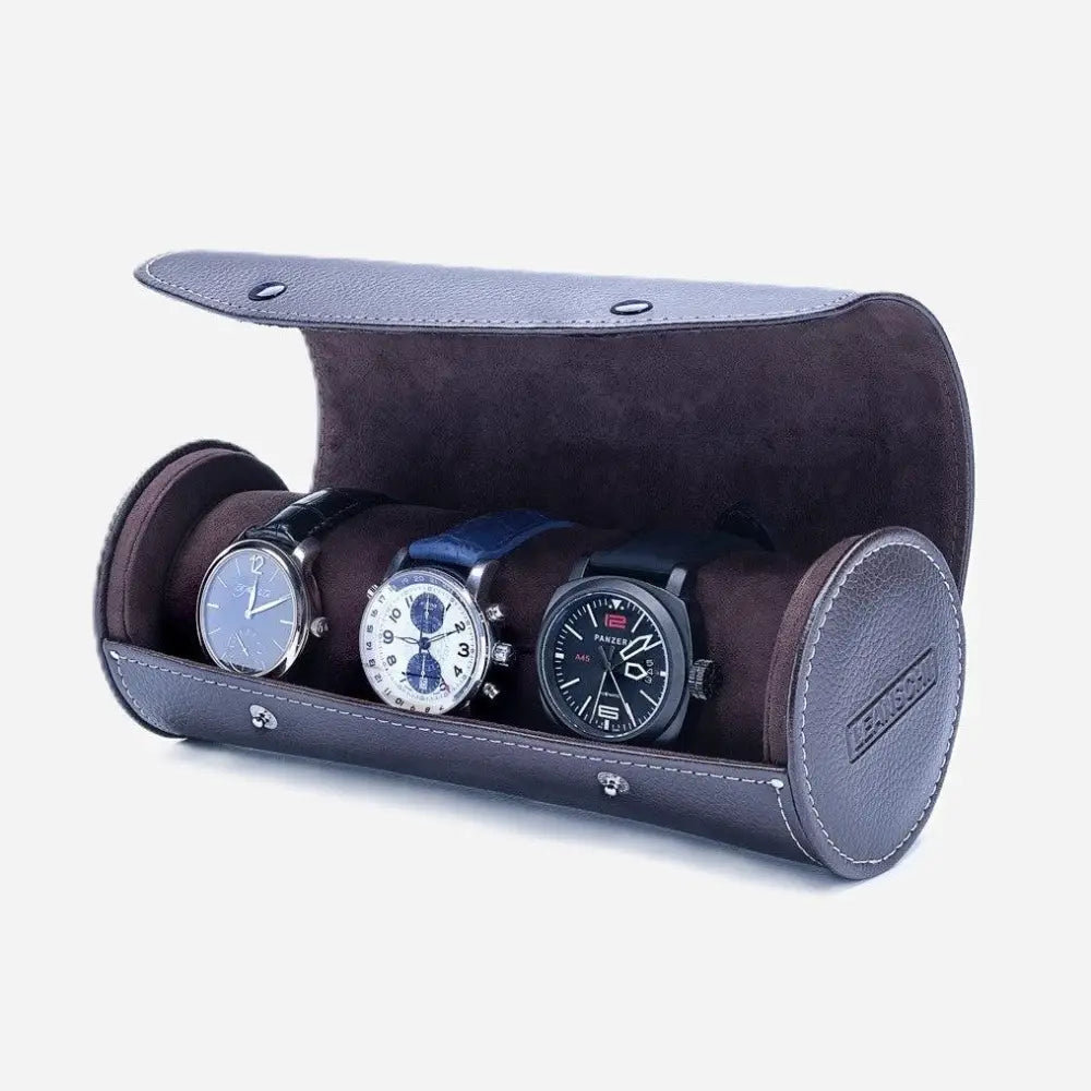 Horlogerol Donkerbruin leder 3 Horloges Leanschi - Horlogedoos - Horlogerieshop.nl