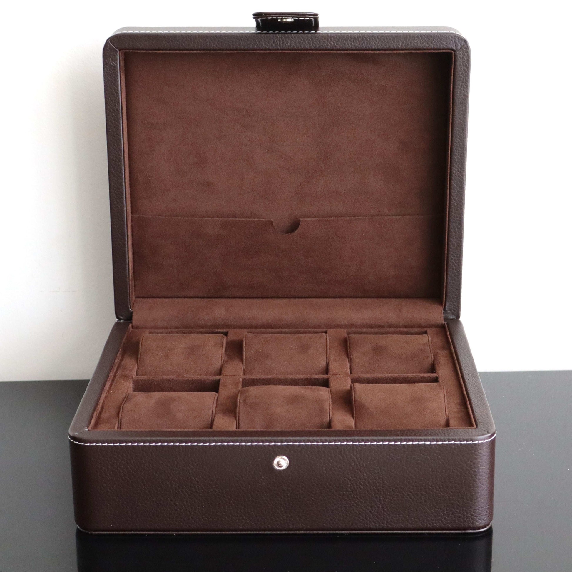 Horlogedoos Donkerbruin leder/velours 6 Horloges Leanschi
