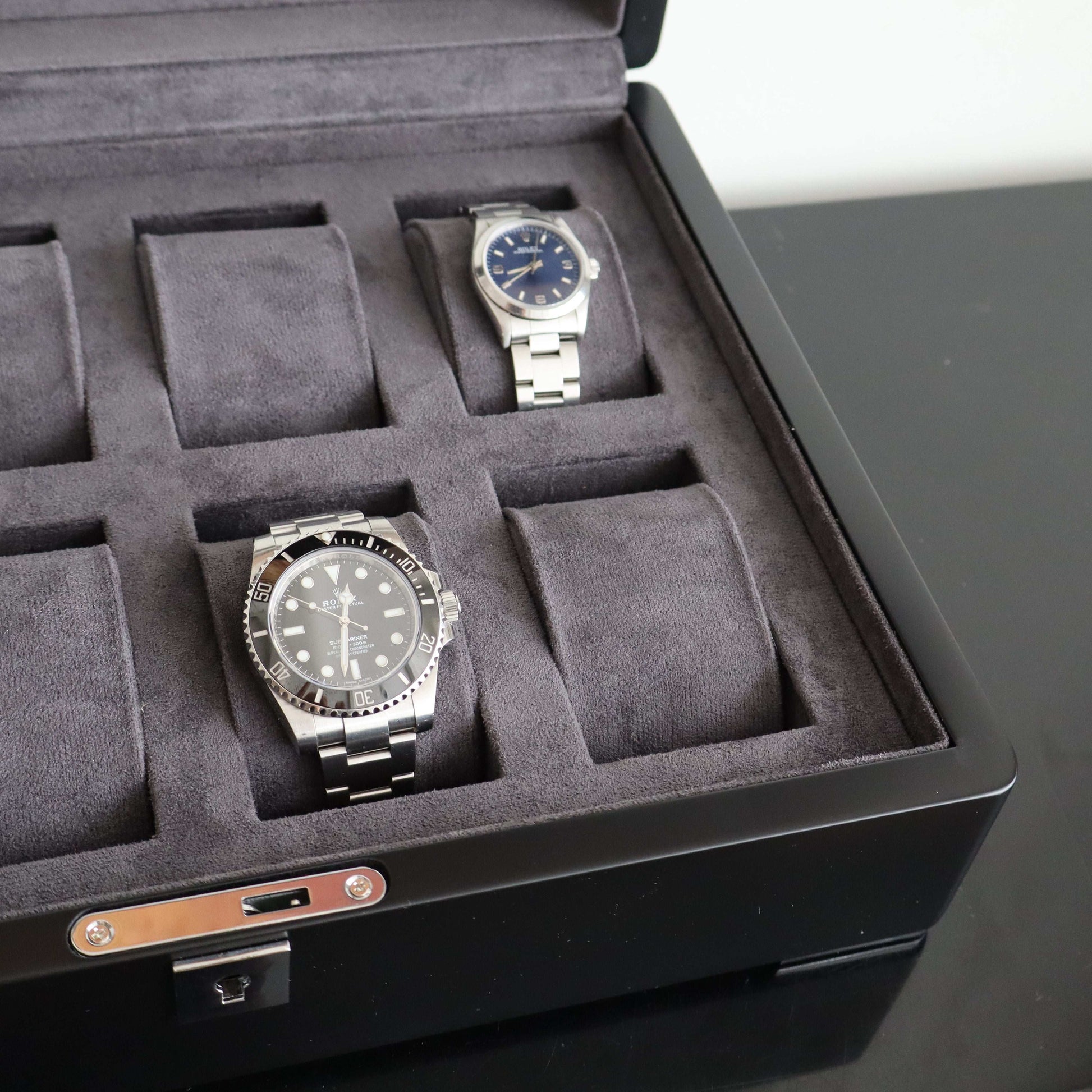 Horlogedoos Zwart Hout met Grijs Suede 8 Horloges