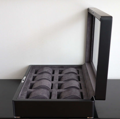 Horlogedoos Zwart Hout met Grijs Suede 8 Horloges