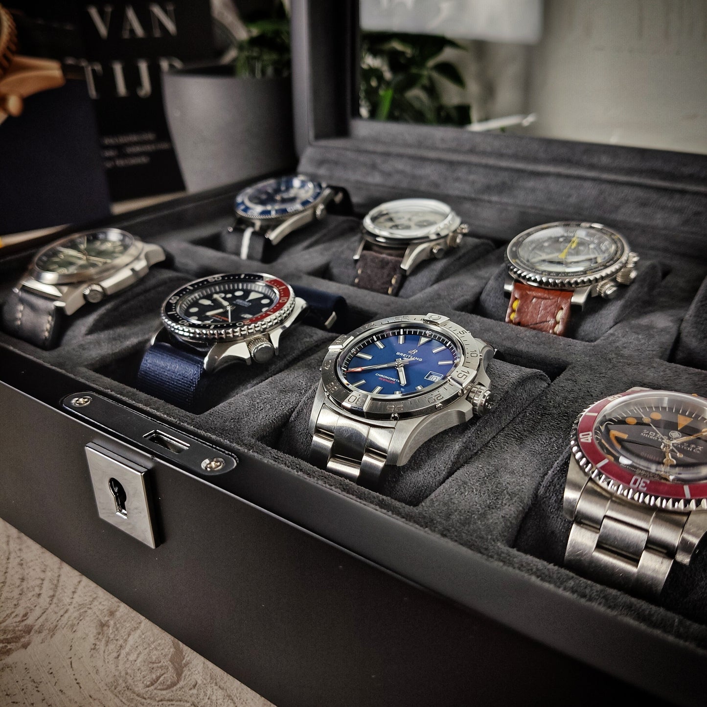 Horlogedoos Zwart Hout met Suede 8 Horloges