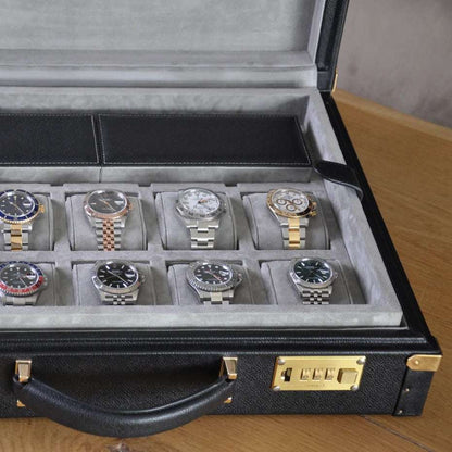 Horlogedoos Zwart kalfsleder/Grijs Suede 15 horloges Old Fashioned Luxury