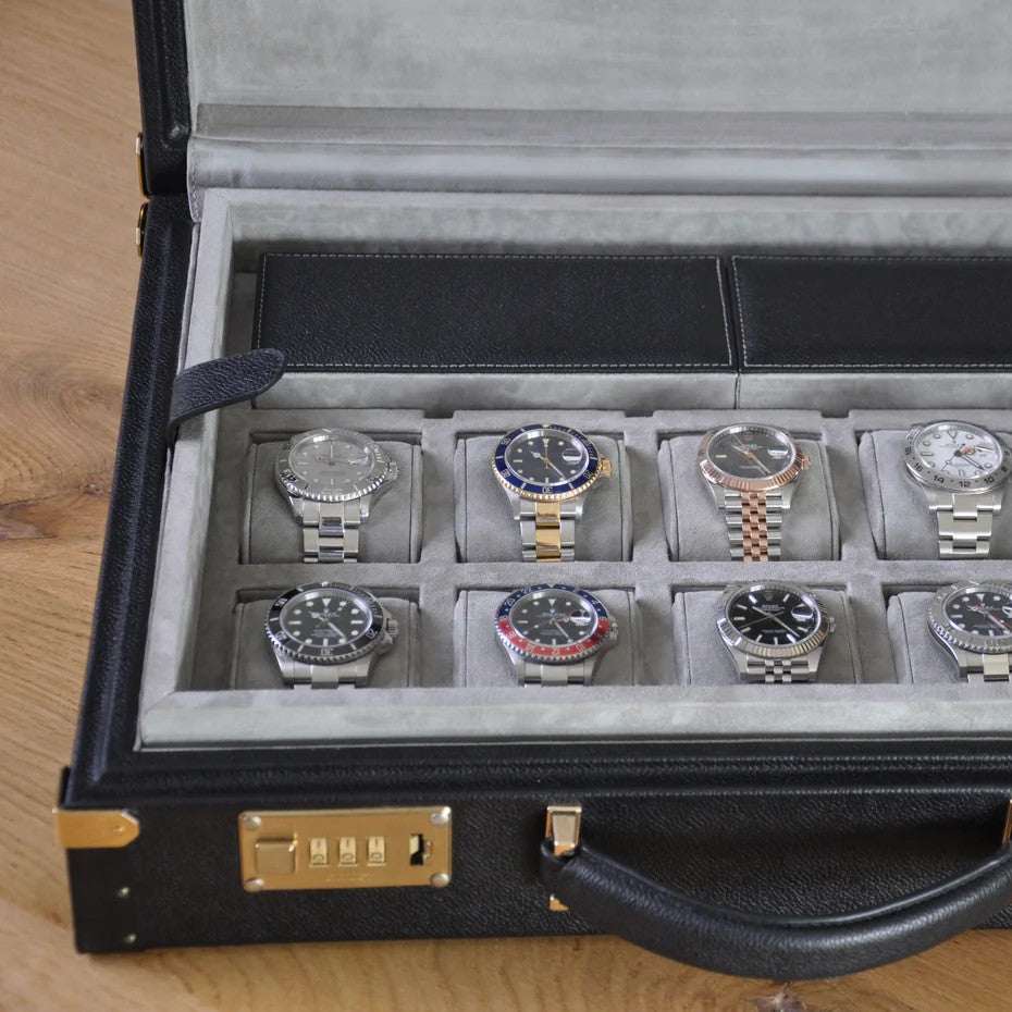 Horlogedoos Zwart kalfsleder/Grijs Suede 15 horloges Old Fashioned Luxury - Horlogerieshop.nl