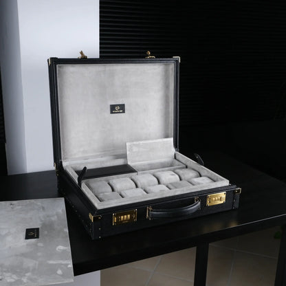 Horlogedoos Zwart kalfsleder/Grijs Suede 15 horloges Old Fashioned Luxury - Horlogerieshop.nl
