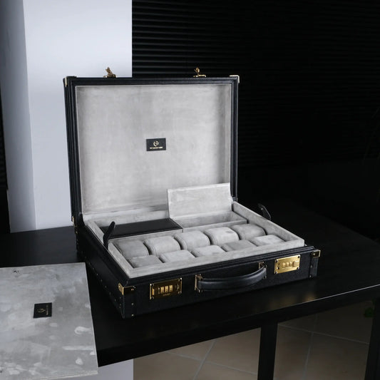 Horlogedoos Zwart kalfsleder/Grijs Suede 15 horloges Old Fashioned Luxury - Horlogerieshop.nl