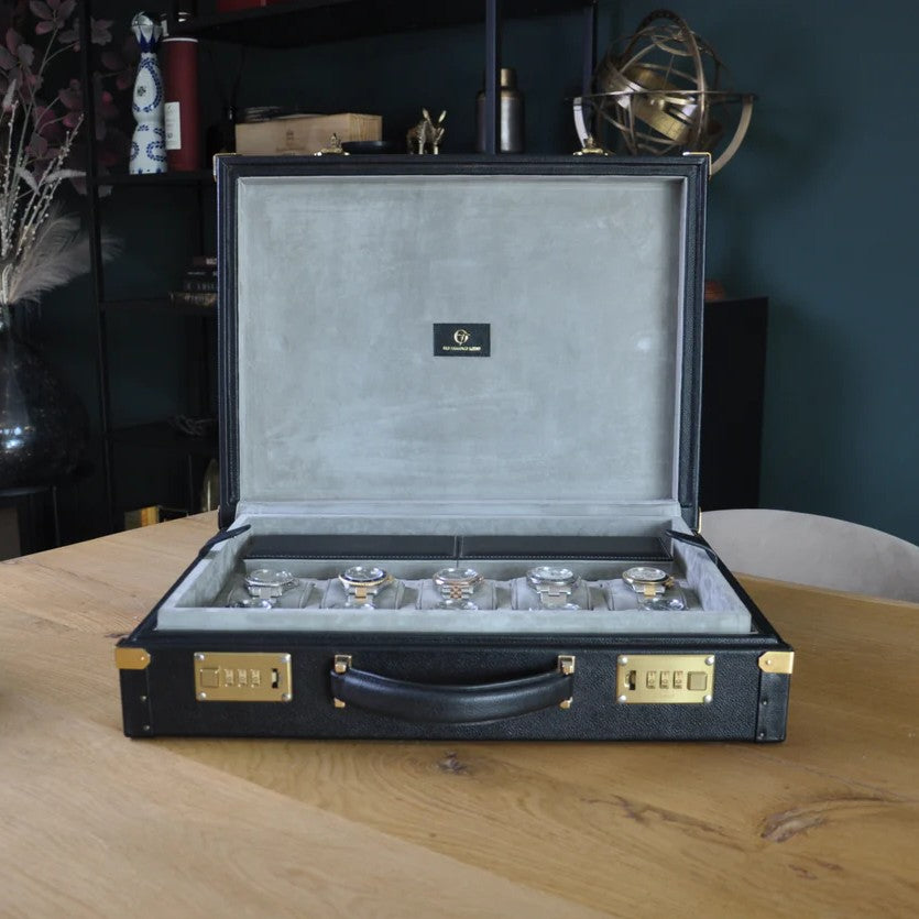 Horlogedoos Zwart kalfsleder/Grijs Suede 15 horloges Old Fashioned Luxury - Horlogerieshop.nl