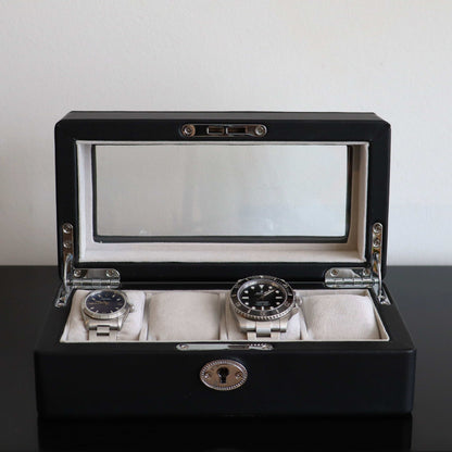 Horlogedoos Zwart leder 4 Horloges