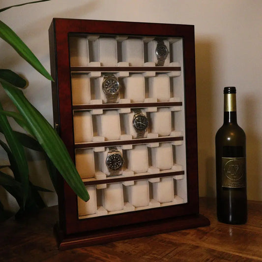 Horloge vitrine 20 Horloges donker notenhout - Horlogedoos - Horlogerieshop.nl