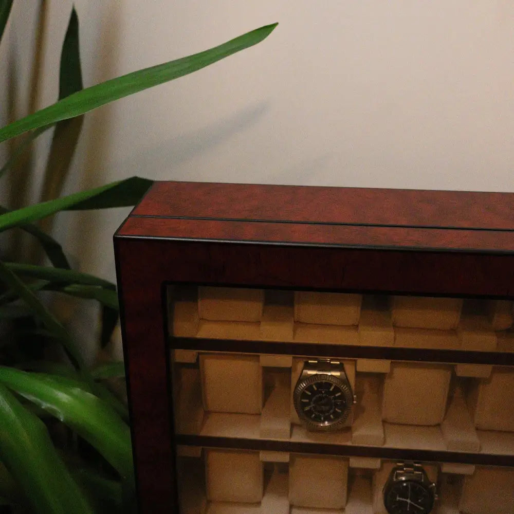 Horloge vitrine 20 Horloges donker notenhout - Horlogedoos - Horlogerieshop.nl