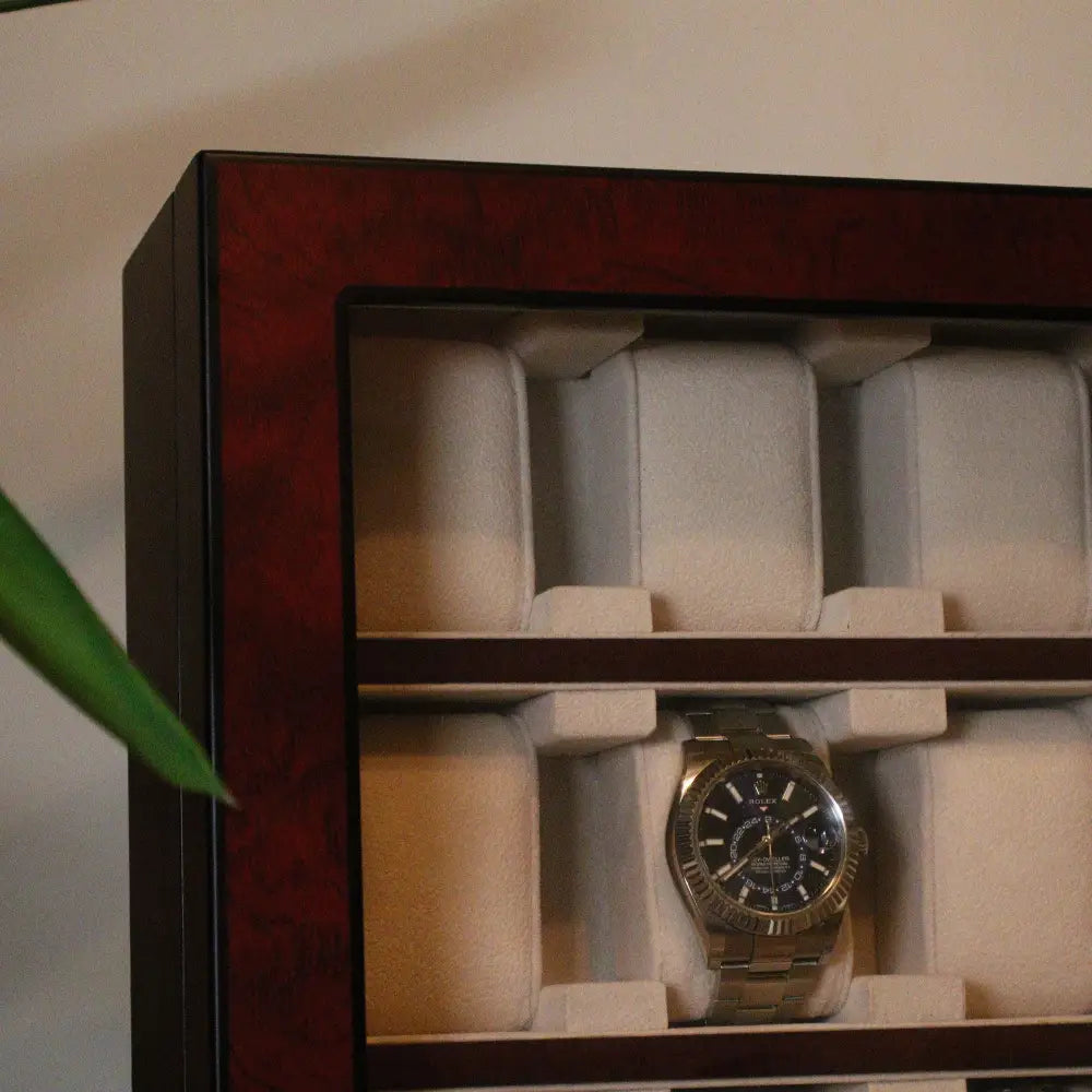 Horloge vitrine 20 Horloges donker notenhout - Horlogedoos - Horlogerieshop.nl
