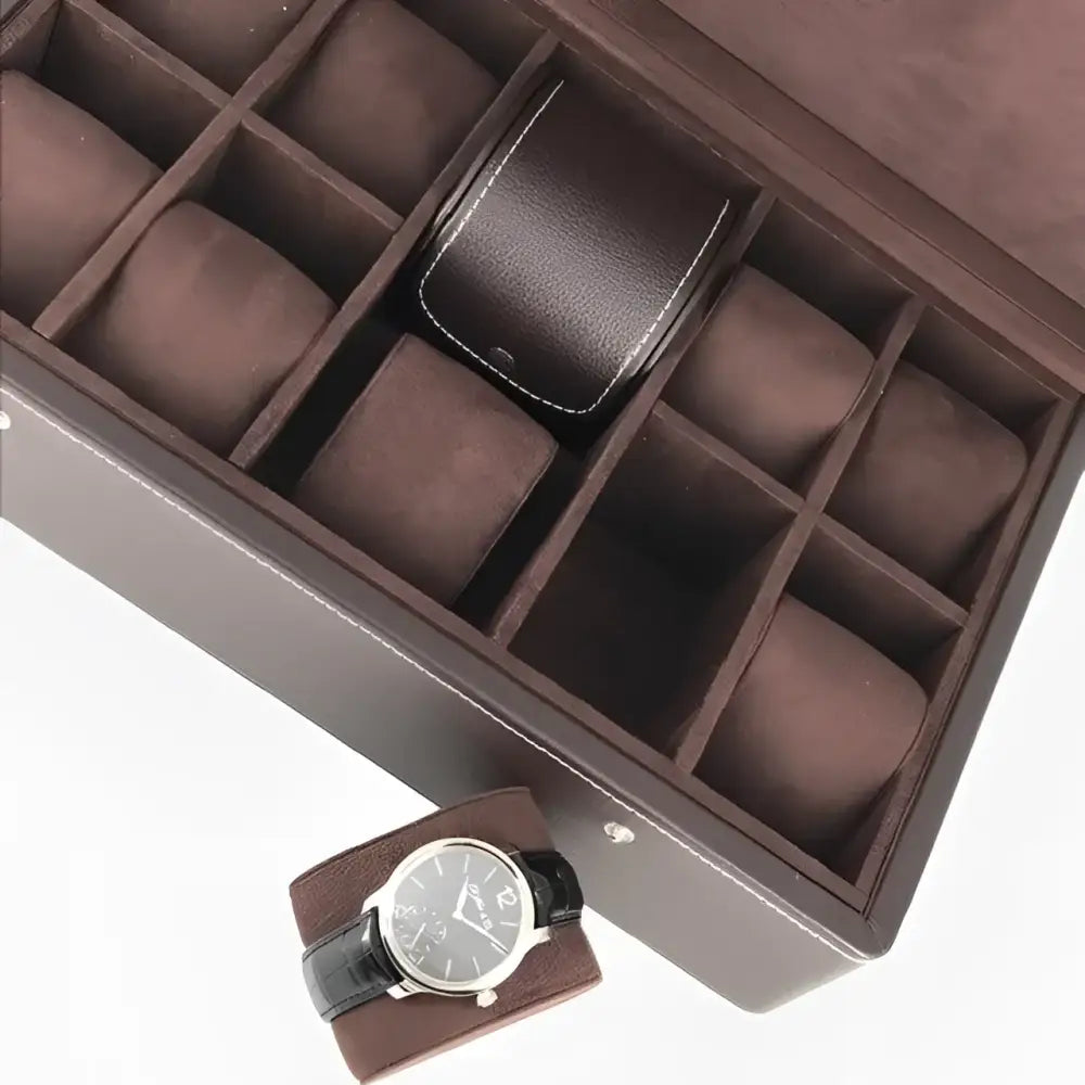 Horlogedoos Donkerbruin leder 10 Horloges Leanschi + gratis Watch Pouch - Horlogedoos - Horlogerieshop.nl