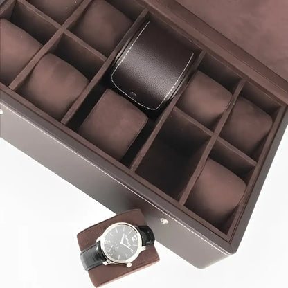 Horlogedoos Donkerbruin leder 10 Horloges Leanschi + gratis Watch Pouch - Horlogedoos - Horlogerieshop.nl