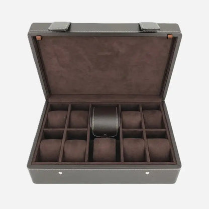 Horlogedoos Donkerbruin leder 10 Horloges Leanschi + gratis Watch Pouch - Horlogedoos - Horlogerieshop.nl