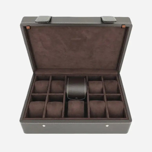Horlogedoos Donkerbruin leder 10 Horloges Leanschi + gratis Watch Pouch - Horlogedoos - Horlogerieshop.nl