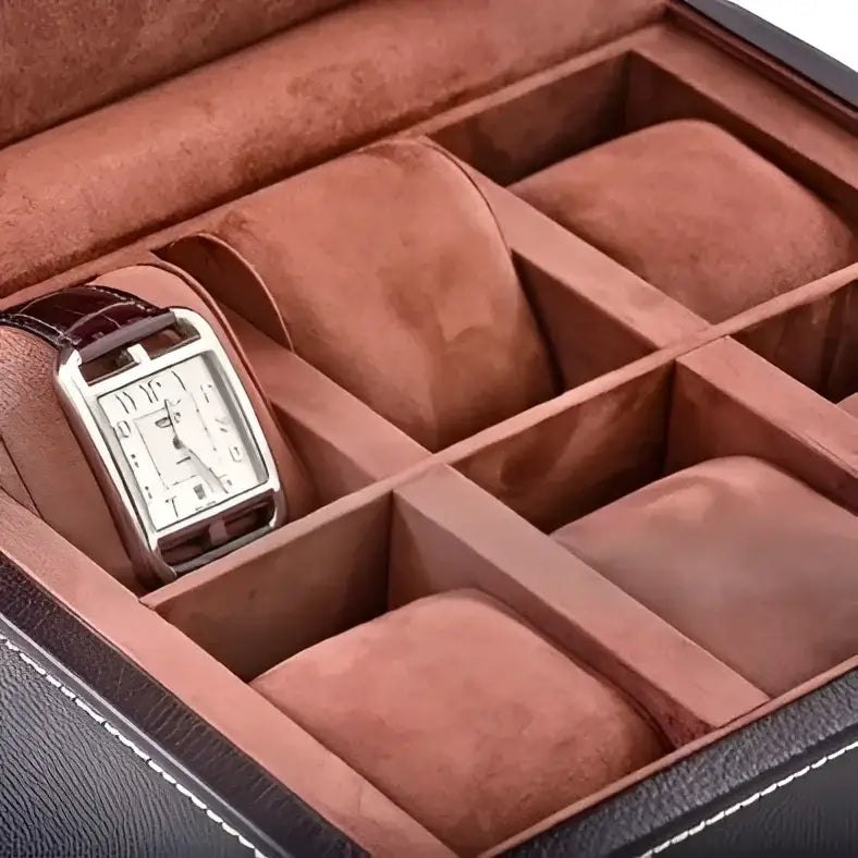 Horlogedoos Donkerbruin leder/velours 6 Horloges Leanschi - Horlogedoos - Horlogerieshop.nl