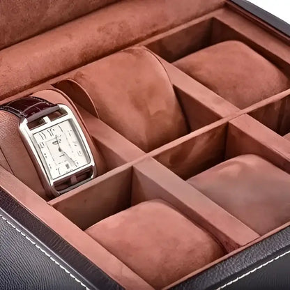 Horlogedoos Donkerbruin leder/velours 6 Horloges Leanschi - Horlogedoos - Horlogerieshop.nl