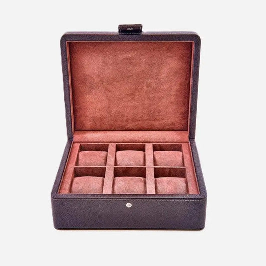 Horlogedoos Donkerbruin leder/velours 6 Horloges Leanschi - Horlogedoos - Horlogerieshop.nl