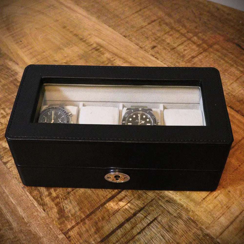 Horlogedoos Zwart leder 4 Horloges - Horlogedoos - Horlogerieshop.nl