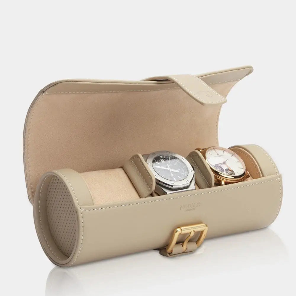 Horlogerol Beige leder 3 Horloges Modalo - Horlogedoos - Horlogerieshop.nl